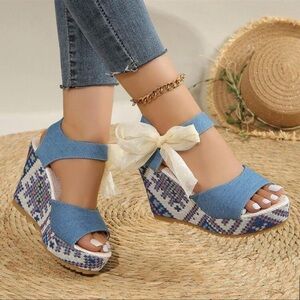 Handmade flower wedding wedge platform sandals, lace bow, open toe, thick sole